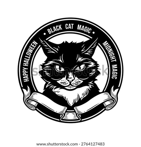 Black Cat Halloween Vector Emblem – Vintage Engraved Style Cat Face, Spooky Witch Familiar, Gothic Badge, Isolated Clipart