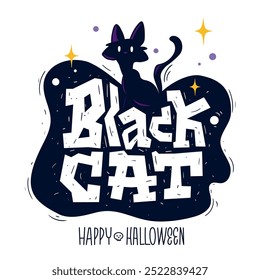 Black cat Halloween. Vector illustration with bold text and Mascot Character. Holiday decoration spooky design.