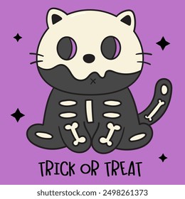 Schwarze Katze Halloween tragen Totenschädel Tuch Kätzchen spielen. Serie: Groovy Retro Cartoon kawaii (Trick oder Behandler) Zeichnung Kids Party Feiertag Festival. Perfekt machen einen Wunsch nach Hintergrund, Grußkarte.