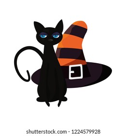 black cat halloween and witch hat