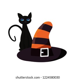 black cat halloween and witch hat