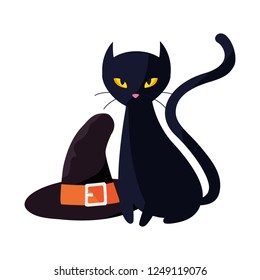 black cat halloween and witch hat