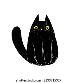 Black Cat. Hand Drawn Sitting Black Cat. Cute Kitten. Kawaii Animal. Little Fat Pet Portrait. Stock Illustration On A White Background.