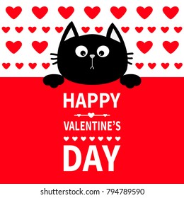 Black cat hanging on board signboard. Cute cartoon funny kitten kitty hiding behind paper. Happy Valentines Day. Calligraphy lettering text. Flat design. Typography print. Red heart background. Vector