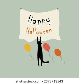 Black cat hanging on happy halloween poster and balloons flying around (vector)