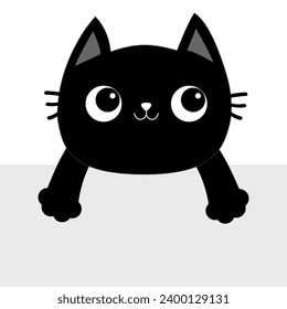 Black cat hanging on paper. Smiling kittens with hands. Paw print on the table. Funny Cute cartoon baby character. Kawaii animal. Pet collection. Flat design. White background. Vector illustration