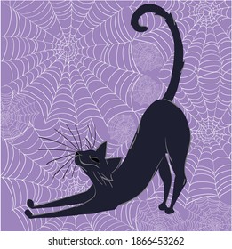 Black cat happily stretching with spider webs in background. Halloween themed composition. Vector