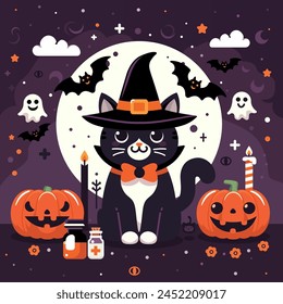 Gato negro feliz noche de disfraces de Halloween