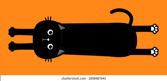 Black cat. Happy Halloween. Cute cartoon baby character. Long body with paw print, tail. Funny face head silhouette. Meow.Kawaii animal. Pet collection. Flat design style. Orange background. Vector
