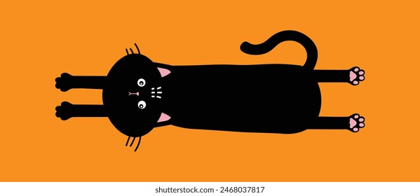 Gato negro. Feliz Halloween. Lindo personaje de dibujos animados bebé. Cuerpo largo con estampado de pata, cola. Divertida silueta de la cabeza. Miau. Animal kawaii. Colección para mascotas. Diseño plano. Fondo naranja. Vector
