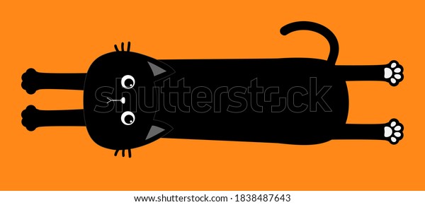 Black cat. Happy Halloween. Cute cartoon baby\
character. Long body with paw print, tail. Funny face head\
silhouette. Meow.Kawaii animal. Pet collection. Flat design style.\
Orange background.\
Vector