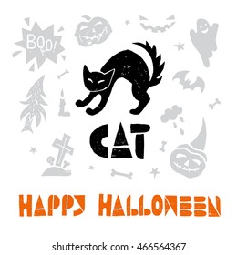 Black cat. Happy Halloween lino cut vector elements with texture. Latin hand-lettered alphabet. Isolated decorative elements: pumpkin, witch, bat, skeleton, black cat, ghost, letters, words