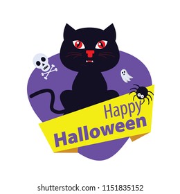 
Black cat. Happy Halloween. Party. Greeting card. Vector illustration, flat design.