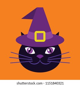 Black cat. Happy Halloween. Party. Greeting card. Vector illustration, flat design.
