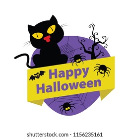 Black cat. Happy Halloween. Party. Greeting card. Vector illustration, flat design.
