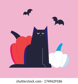 Black cat Happy Halloween party posters. Vector flat illustration