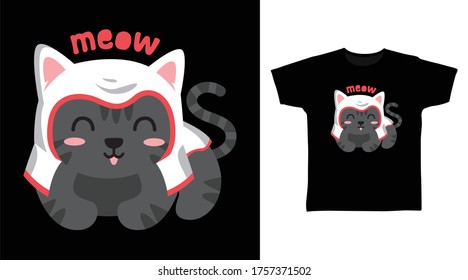 Black cat with hat design vector illustration ready for print on t-shirt.