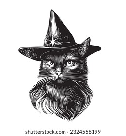 Black cat in hat hand drawn sketch in doodle Halloween style illustration