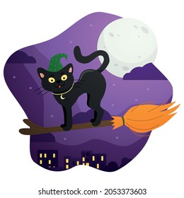 A black cat in a hat on a broom flies over the houses of the city on Halloween night.