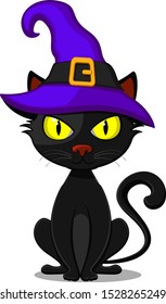 Black cat in hat on a white background. Halloween