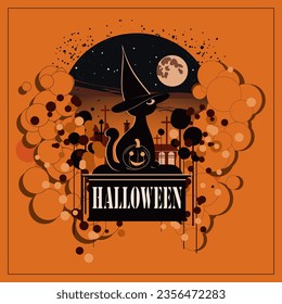 Black cat in hat and pumpkin in background of graveyard and the full moon with text. Template design for Halloween poster, greeting card, party invitation, print, social media post. Vector