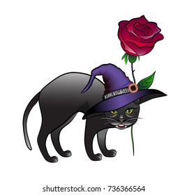 black cat in a hat and with a red rose congratulates with a halloween
