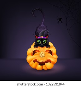 Black cat in hat sits on Halloween pumpkin on dark background.