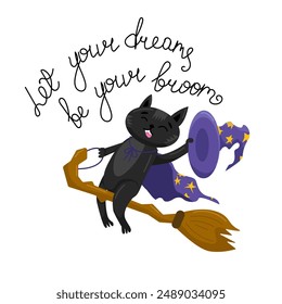 A black cat in a hat and a witch's cloak flies on a broomstick. Illustration for postcards, textiles and more