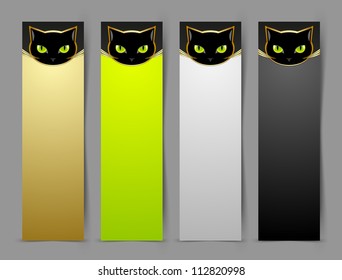 Black cat head banners isolated on grey background