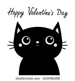 Black cat head face with big eyes. Happy Valentines Day. Cute cartoon kawaii funny character. Pet baby print collection. Flat design. White background. Isolated. Vector illustration