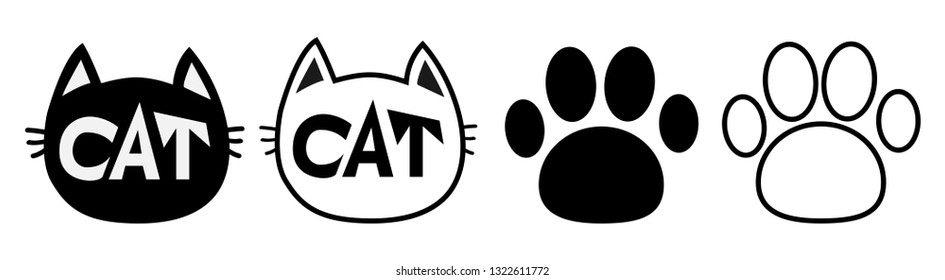 Black cat head face contour silhouette icon set line. Pictogram. Empty template Paw print track. Cute funny cartoon character. Kitty kitten whisker Baby pet. White background. Isolated. Flat Vector