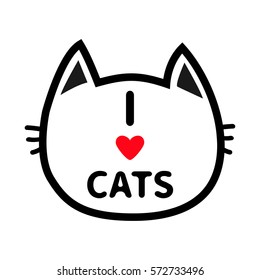 Black cat head face contour silhouette icon. Line pictogram. Cute funny cartoon character. I love cats heart Text lettering. Kitty kitten whisker Baby pet White background. Isolated Flat design Vector