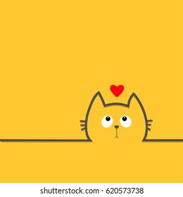Black cat head face with eyes looking up to red heart. Contour silhouette line icon. Cute cartoon character. Kitty kitten with whisker Baby pet Yellow background. Flat design Vector illustration