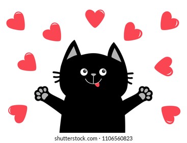 Black cat head face. Hand paw print. Heart icon set. Happy Valentines day. Love card. Cute cartoon funny character. Kawaii pet animal. White background. Flat design. Vector illustration.