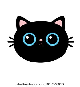 Black cat head face round icon. Cute cartoon funny character. Blue eyes. Pink ears. Funny Kawaii animal. Baby card. Pet collection. Flat design. White background. Isolated. Vector illustration