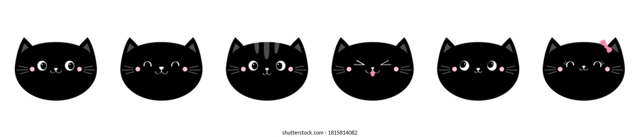 Black cat head face set. Cute funny cartoon kawaii characters. Emotion collection. Happy, surprised, sad, angry cats. Notebook cover tshirt. Greeting card template. White background Flat design Vector