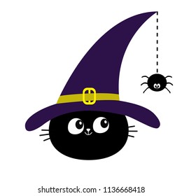 Black cat head face silhouette looking to hanging on dash line web spider insect. Witch hat. Happy Halloween. Cute cartoon character Baby pet animal collection Flat design White background Vector