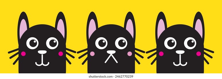 Black cat head face silhouette icon set. Vector logo cat for tattoo or T-shirt design or outwear. Cute print style cat background. Cat in shadow white line art. Pet collection cute cartoon character