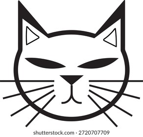 Cara estilizada de cabeza de gato negro con bigotes y orejas puntiagudas, líneas limpias, diseño simple, elemento gráfico, retrato de dibujos animados felinos.