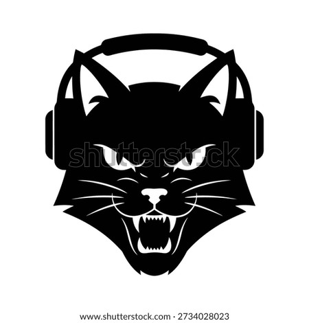 Black cat head with headphones roaring with sharp teeth and whiskers animal white