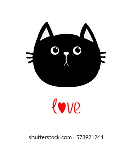Black cat head icon. Cute funny cartoon character. Happy Valentines day red text. Greeting card. Sad emotion. Kitty Whisker Baby pet collection. White background. Isolated. Flat design. Vector