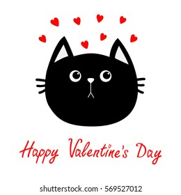 Black cat head icon. Red heart set. Cute funny cartoon character. Happy Valentines day Greeting card. Sad emotion. Kitty Whisker Baby pet collection. White background. Isolated. Flat design. Vector