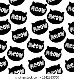 Black cat head, inside the inscription meow in the Scandinavian style. Geometric seamless pattern, vector on a white background. For printing on children's clothing, T-shirts, bags, wallpaper