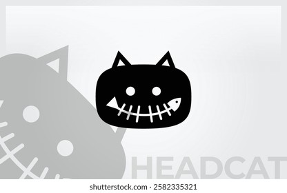 Black cat head logo mascot with smile forming fishbone symbol