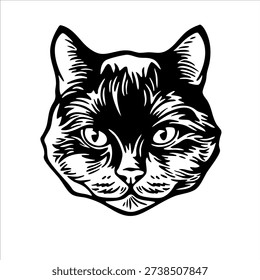Black Cat Head Logo Vector, Vintage Engraving Style Line Art, Mascot Emblem Illustration Isolated on White