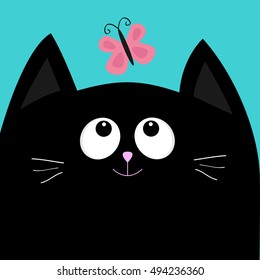 Black cat head looking at butterfly insect. Cute cartoon character. Pet baby collection Card. Flat design. Blue sky background. Vector illustration.