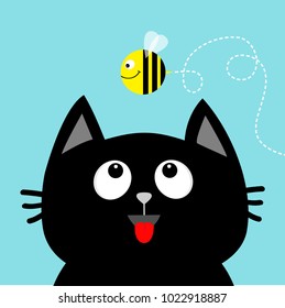 Black cat head looking up to flying honey bee insect. Dash line loop track. Red tongue. Surprised emotion. Cute cartoon character. Pet baby. Flat design. Blue sky background. Vector illustration.