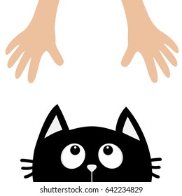 Black cat head looking up to human hand. Cute cartoon funny character. Kawaii animal. Adoption helping hands concept Love Greeting card Flat design style White background. Isolated Vector illustration