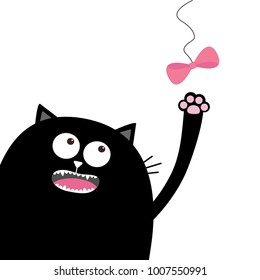 Black cat head looking at pink bow hanging on thread. Playing kitten. Paw print. Cute cartoon funny character. Pet baby collection. Flat design. White background. Isolated. Vector illustration.