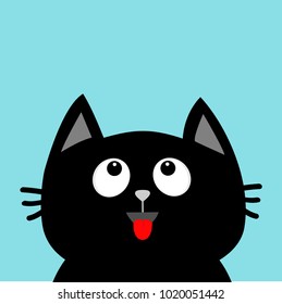 Black cat head looking up. Red tongue. Surprised emotion. Cute cartoon character. Pet baby collection Card. Flat design. Blue sky background. Vector illustration. Vector illustration